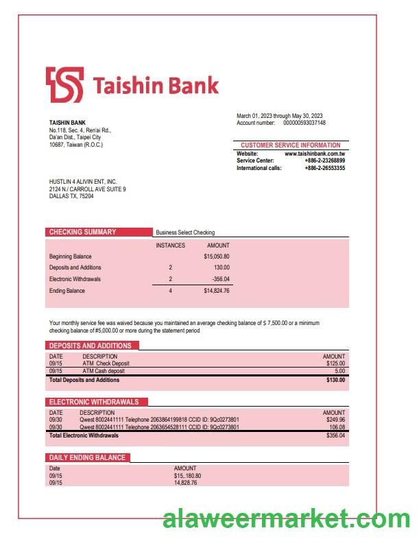 Taishin Bank enterprise statement Word and PDF template
